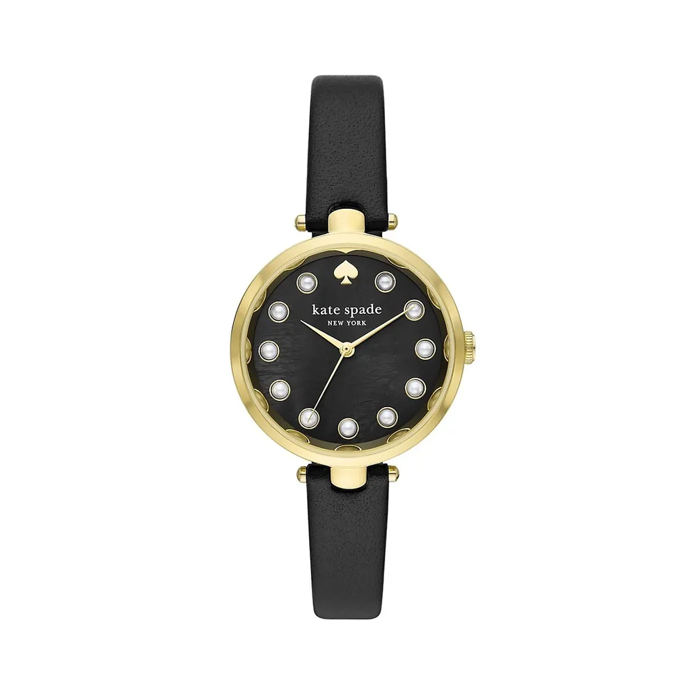 Holland Goldtone Stainless Steel, Mother-Of-Pearl, Faux Pearl and Black Leather Strap Watch KSW1808
