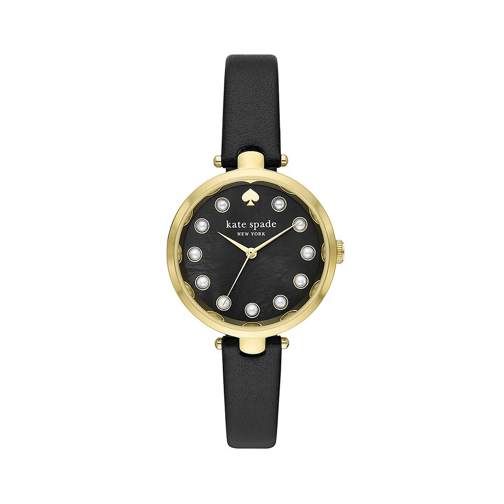 Holland Goldtone Stainless Steel, Mother-Of-Pearl, Faux Pearl and Black Leather Strap Watch KSW1808