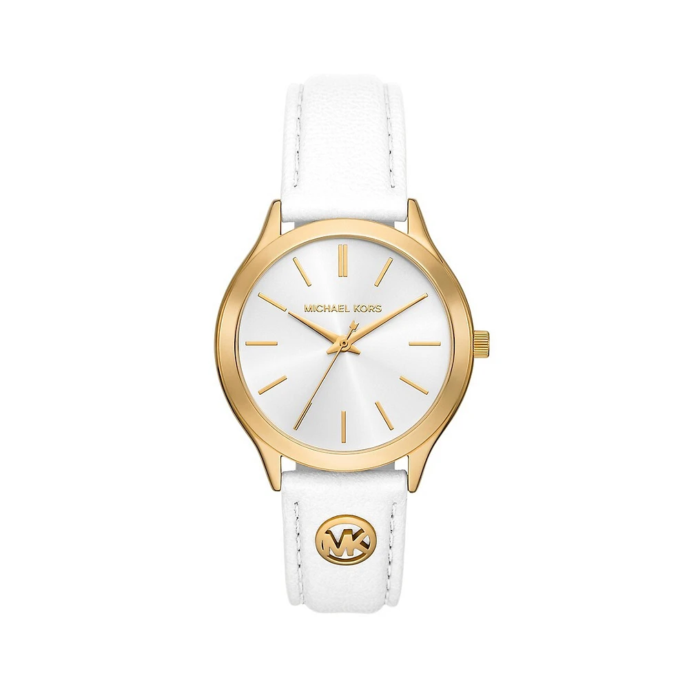 Slim Runway White Leather Strap Watch MK7466