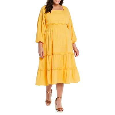 Plus Smocked-Waist Puff-Sleeve Tiered Midi Dress