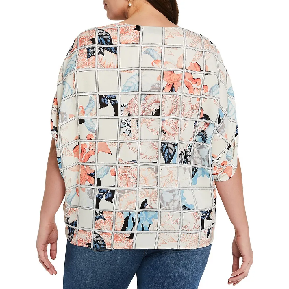 Plus Printed Ruched Tie-Sleeve V-Neck Top