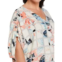 Plus Printed Ruched Tie-Sleeve V-Neck Top