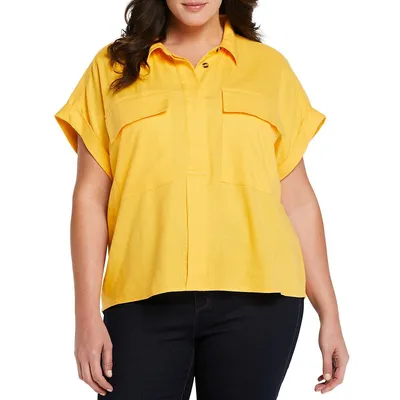 Plus Linen-Blend Flap-Pocket Popover Shirt