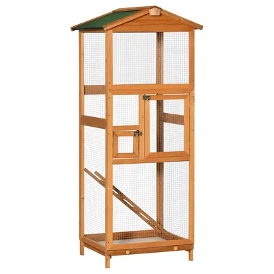 Wooden Bird Cage With Two Doors And Ladder For Finches, Orange