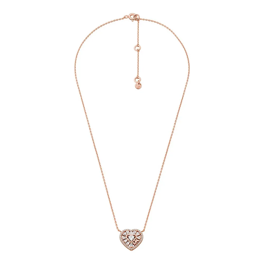 Women's Premium Kors Love 14k Rose Gold-plated Tapered Baguette Heart Pendant Necklace