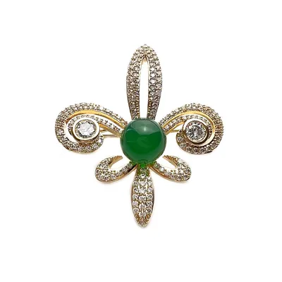 Green Chalcedony Jade And Crystal Lily Flower Brooch