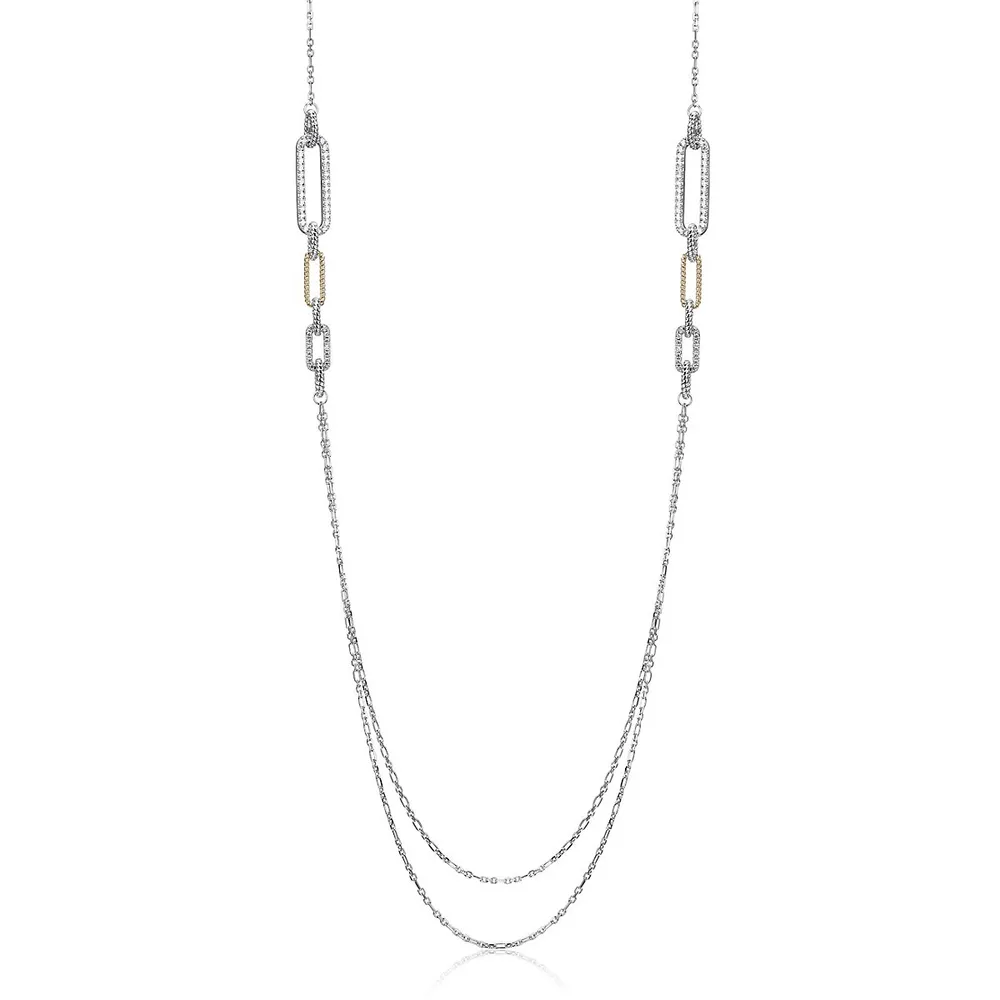 Paperclip Sterling Silver Two-tone 18k Gold Plated 3-link With Cubic Zirconia Double Chain Accent Long Necklace