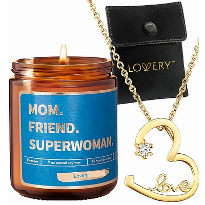 Mothes Day 14k Gold Plated Open Heart Pendant Love Necklace With Pouch & Superwoman Soy Candle