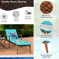 3pcs Patio Rattan Lounge Chair Folding Table Set Chaise Wood Cushioned