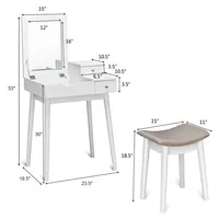 Vanity Dressing Table Set Flip Mirror Desk Furniture Stool W/ 2 Drawer White