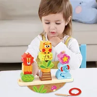 Wooden Animals Rocking Stacker - 13pcs Stacking Toy With Block Lacing String, Ages 2+