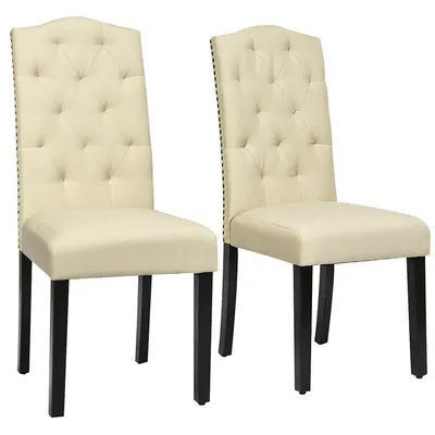 Set Of Tufted Dining Chair Upholstered W/ Nailhead Trim & Rubber Wooden Legs