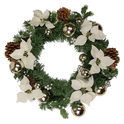 Decorated Cream Colored Poinsettia And Berry Artificial Christmas Wreath, 24-inch, Unlit