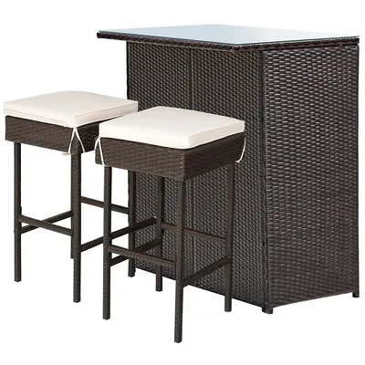 3pcs Patio Rattan Wicker Bar Table Stools Dining Set Cushioned Chairs Garden