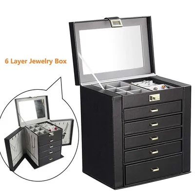 6 Layers Womens Jewellery Boxes Table Top Large Leather Chest Jewelry Organizer Case