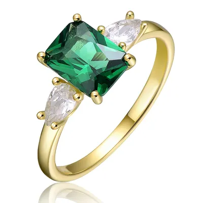Sterling Silver 14k Yellow Gold Plated With Emerald & Clear Cubic Zirconia 3-stone Engagement Anniversary Ring