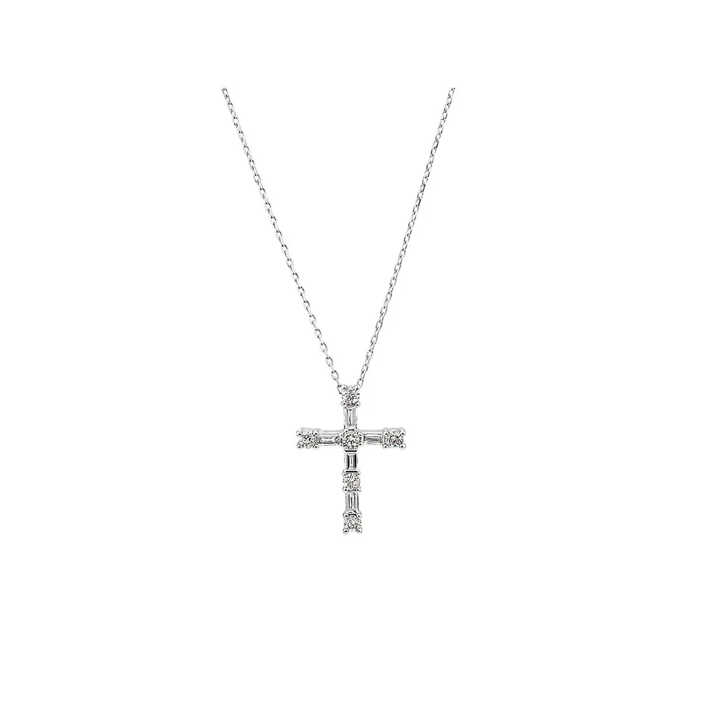 0.34 Carat Tw Baguette And Round Brilliant Diamond Cross Pendant In 10kt White Gold