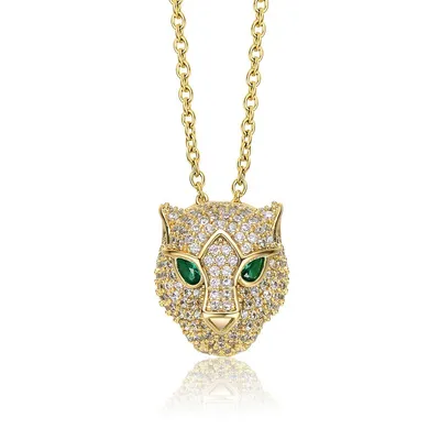 14k Yellow Gold Plated With Emerald & Cubic Zirconia 3d Panther Head Pendant Layering Necklace