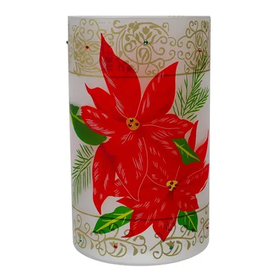10" Hand-painted Red Poinsettias And Gold Flameless Glass Christmas Candle Holder