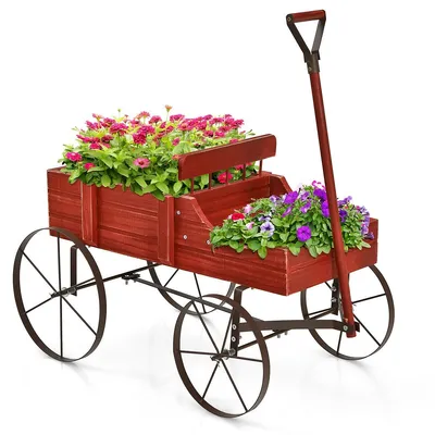 Garden Plant Planter Wooden Wagon Planter W/ Wheel Garden Yard Red