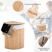 Corner Bamboo Hamper Laundry Basket Washing Cloth Bin Storage Bag Lid Natural
