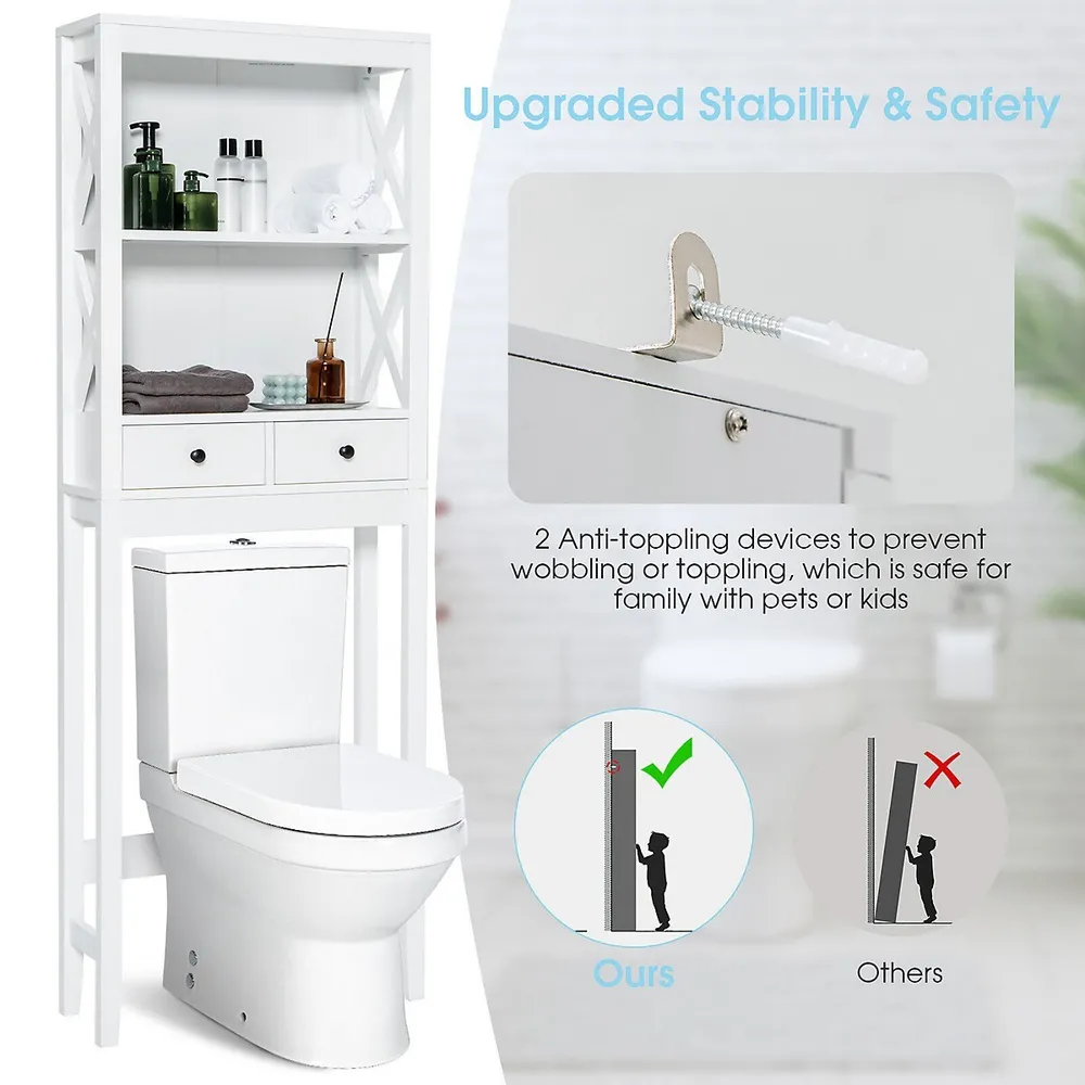 Over The Toilet Storage Rack Bathroom Space Saver With 2 Open Shelves & Drawers
