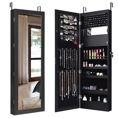 Costway Lockable Wall Door Mounted Mirror Jewelry Cabinet Armoire Organizer W/led Lights