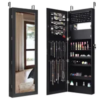 Costway Lockable Wall Door Mounted Mirror Jewelry Cabinet Armoire Organizer W/led Lights