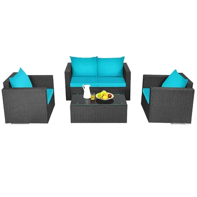 4pcs Patio Rattan Cushioned Sofa Chair Coffee Table Turquoise