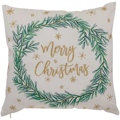 18" Embroidered "merry Christmas" Wreath Cotton Square Throw Pillow