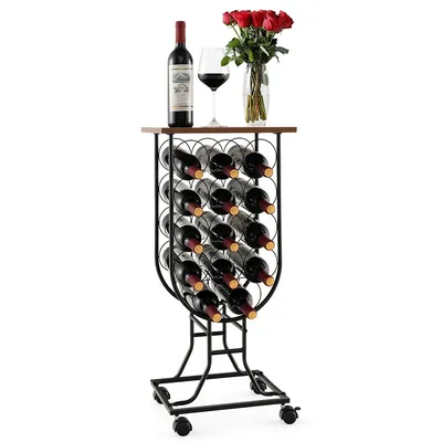 14 Bottles Wine Rack Console Table Freestanding Wine Storage With Woodtop & Wheels