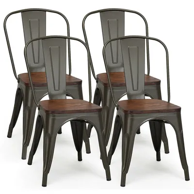 Set Of 4 Style Metal Dining Side Chair Wood Seat Stackable Bistro Cafe