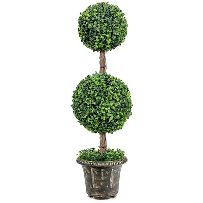 36" Artificial Topiary Double Ball Tree Indoor Outdoor Uv Resistant