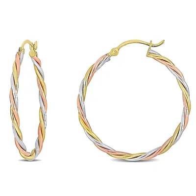 Twisted Hoop Earrings In 3-tone 10k White Yellow & Rose Gold