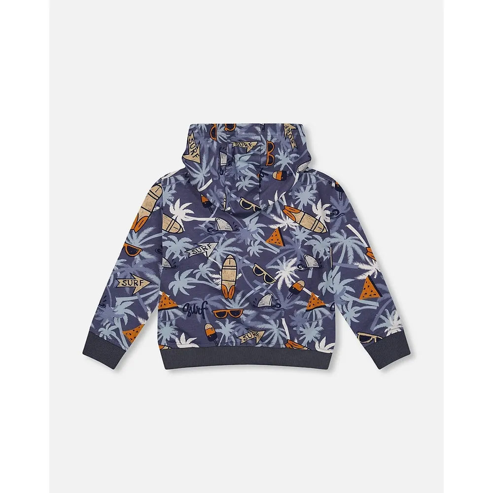 French Terry Hooded Cardigan Printed Palm Tree And Surf