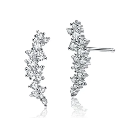Sterling Silver White Gold Plating With Clear Cubic Zirconia Cluster Stud Earrings