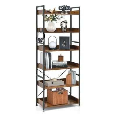 6-tier Bookshelf Open Display Shelves Storage Rack Metal Frame With 4 Hooks Rustic