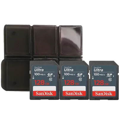 3x 128 Gb Sdxc Uhs I Memory Card 100 Mbs With Memory Card Holder