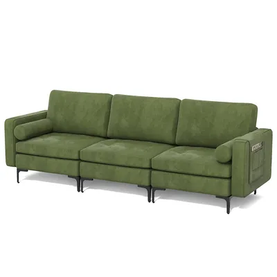 Modern Modular 3-seat Sofa Couch W/ Side Storage Pocket & Metal Legs Army Green