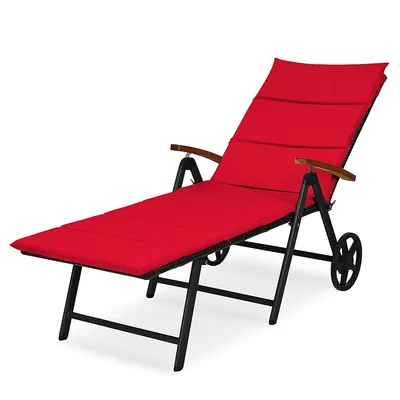 Folding Patio Rattan Lounge Chair Cushioned Aluminum W/ Wheel