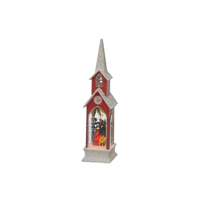 Led Red Church With Nativity Scene