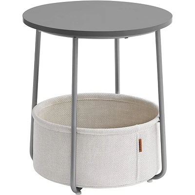 Boutique Home Round End Table With Fabric Basket Ideal For Den Or Bedroom - Cement Grey And Cloud White