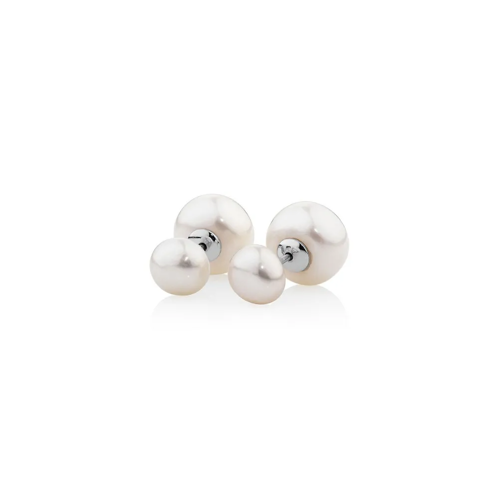 Front & Back Stud Earrings with Button Cultured Freshwater Pearls in  Sterling Silver