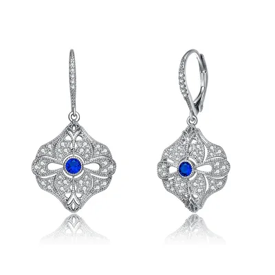 Sterling Silver White Gold Plated With Colored Cubic Zirconia Wreath Drop Earrings