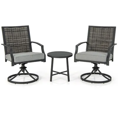 3 Pcs Patio Swivel Chair Set Coffee Table Wicker Cushioned Seat Balcony Porch