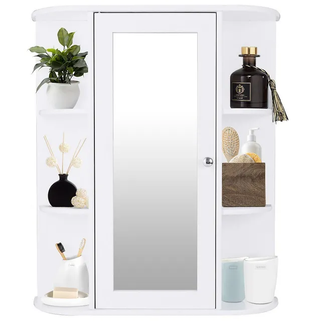 Costway Bathroom Cabinet Single Door Shelves Wall Mount Cabinet W/ Mirror  Organizer