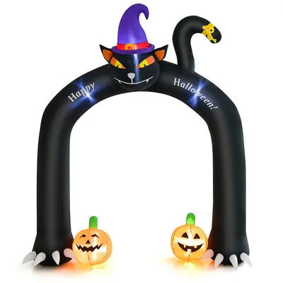 9ft Halloween Inflatable Cat Archway Blow-up Doorway Decoration With Wizard Cat & Pumpkins Bright Led Lights