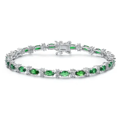 Sterling Silver White Gold Plating With Clear And Green Cubic Zirconia Tennis Bracelet