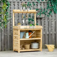 Garden Potting Bench Table, Wooden Workstation Bench W/ Hook