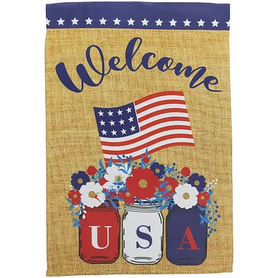 Floral Mason Jars "welcome" Usa Flag Patriotic Outdoor Garden Flag 18" X 12.5"